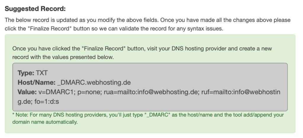 DMARC Generator mit mxtoolbox
