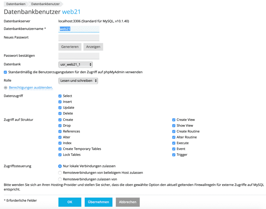 Plesk Datenbankbenutzer